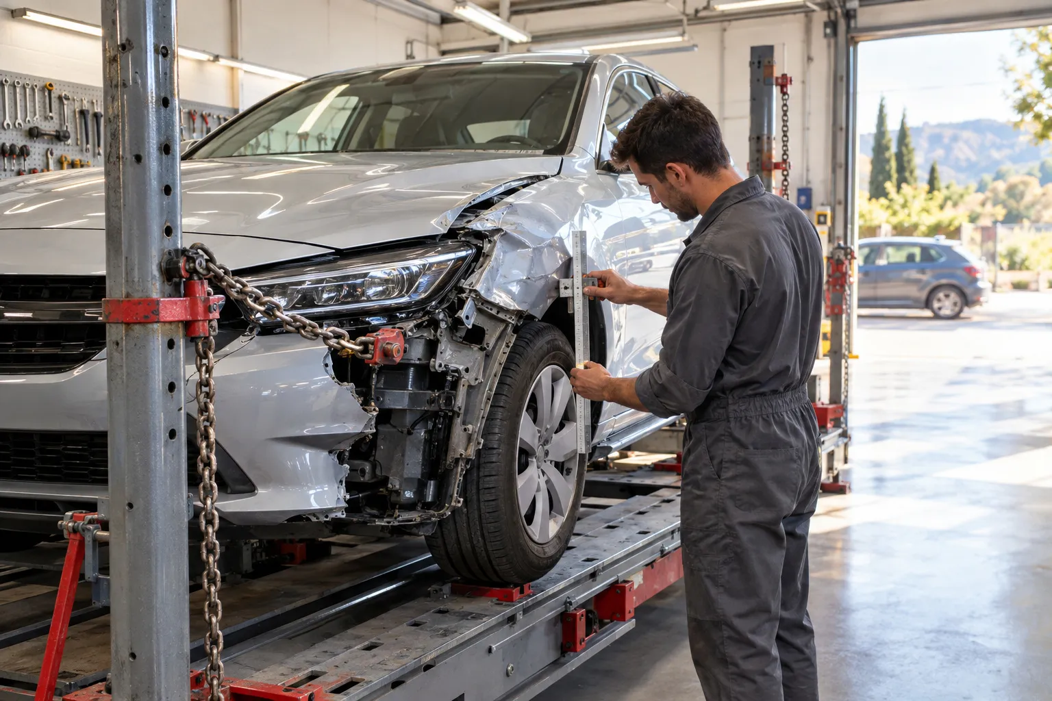 Voiture grise à l'avant enfoncé sur un banc de redressage avec chaînes de traction, un carrossier contrôle l'alignement de l'aile avec une règle de mesure