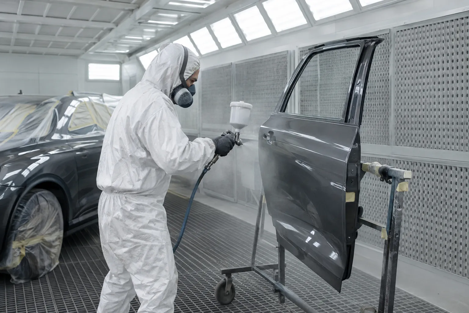 Cabine de peinture professionnelle : un peintre en combinaison blanche et masque vernit une portière posée sur un support, brume de peinture dans l'air.