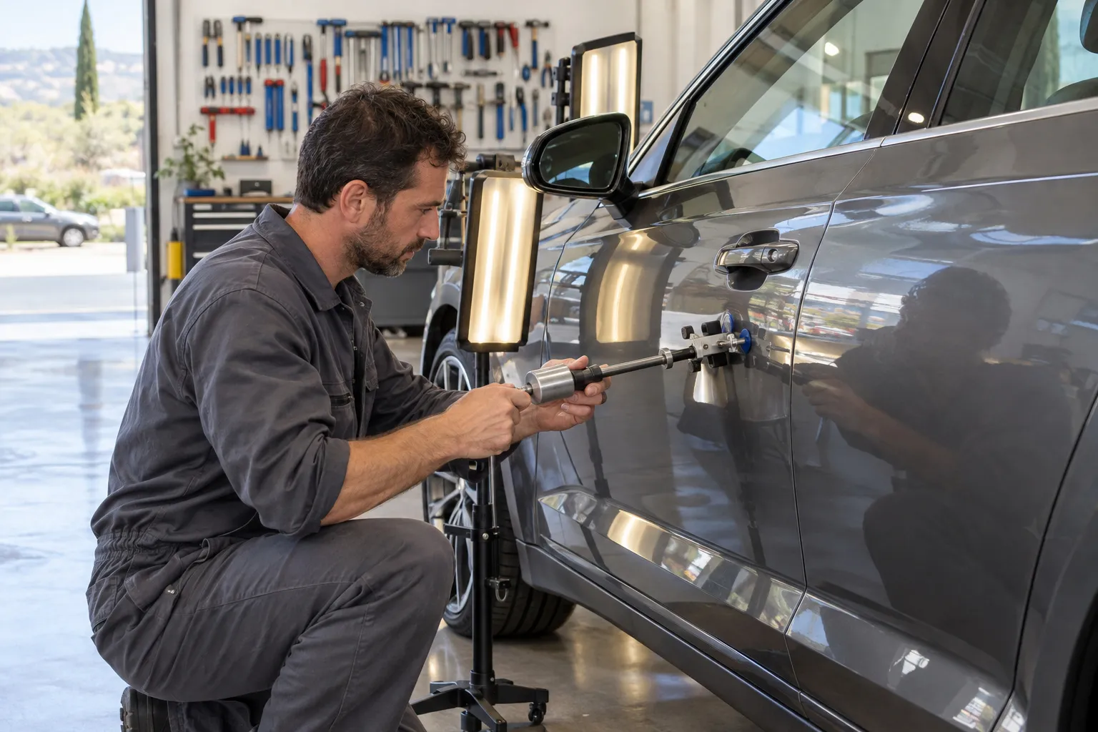 Carrossier qui tire un creux de portière avec une ventouse et un extracteur, sous deux lampes à bandes, sur une voiture grise à la peinture intacte