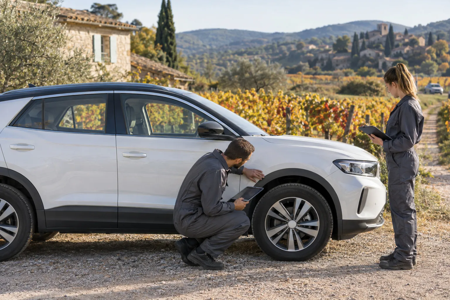 Deux carrossiers examinent l’aile d’un SUV blanc garé sur un chemin entre les vignes aux couleurs d’automne, mas en pierre et collines derrière