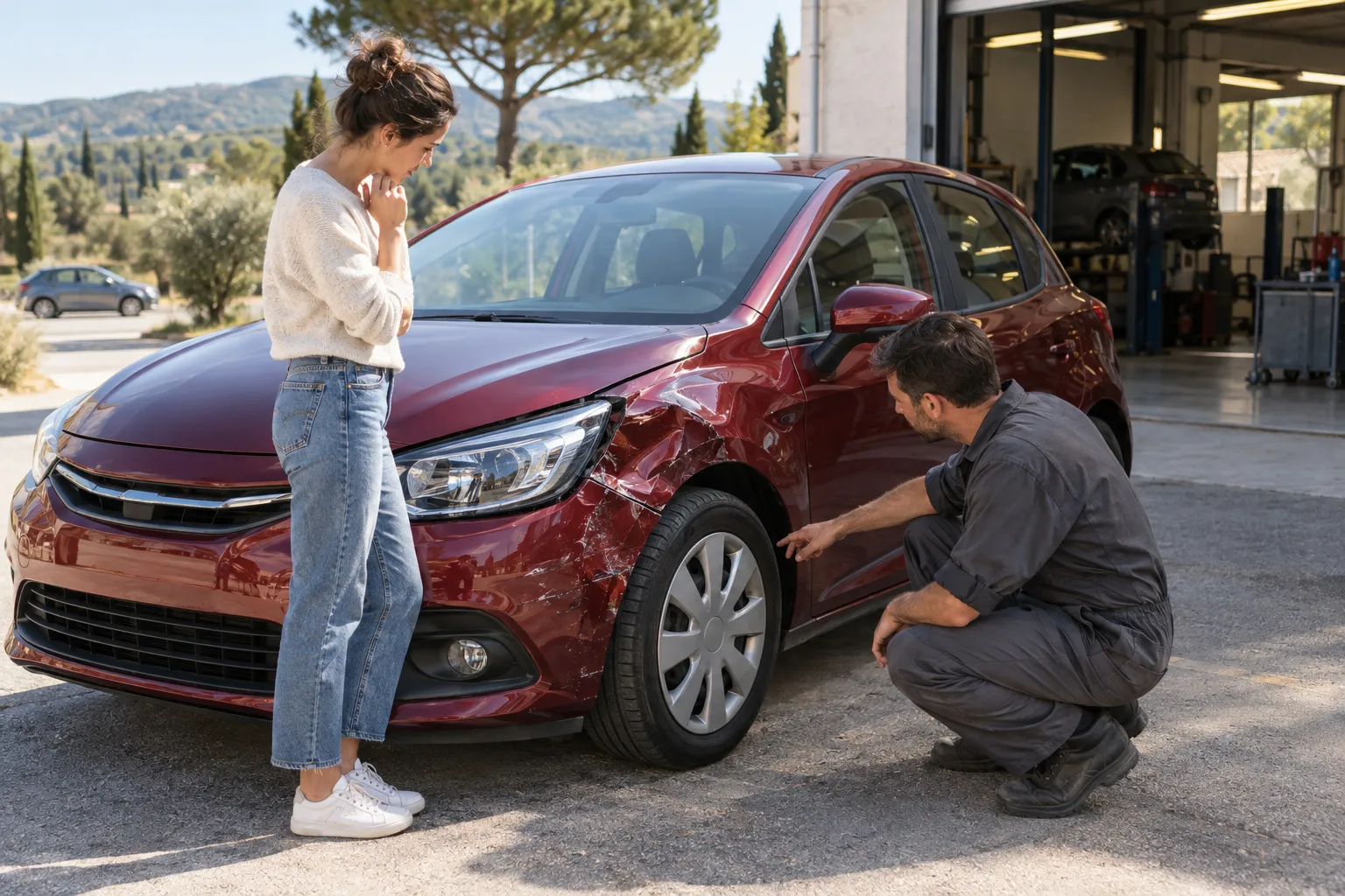 Une automobiliste et un carrossier accroupi devant l’aile avant enfoncée d’une citadine rouge, à l’entrée de l’atelier, pins et collines derrière