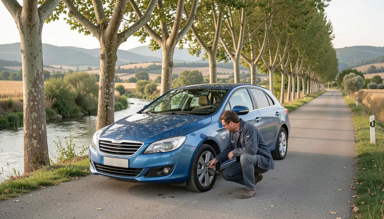 Voiture bleue arrêtée sur une route bordée de platanes au bord de la rivière, un carrossier accroupi près de l’aile avant qui inspecte la carrosserie