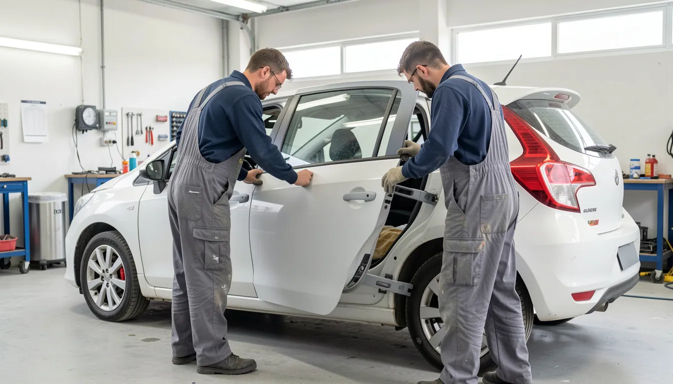 Deux carrossiers ajustent une portière neuve en apprêt gris sur les charnières d'une citadine blanche, dans un atelier de carrosserie lumineux