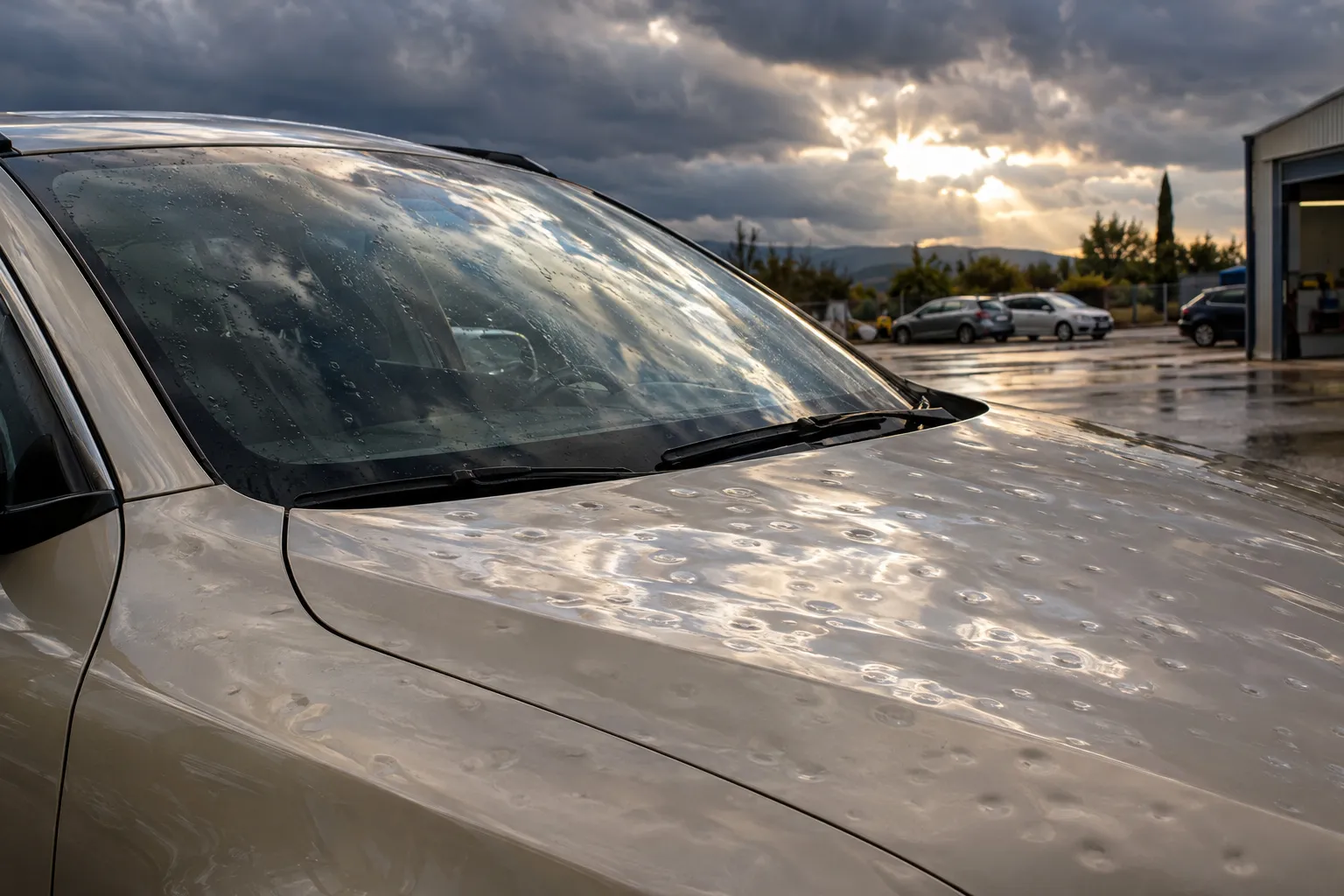 Capot d'une compacte beige clair criblé de petits impacts de grêle, reflets du ciel déformés, après l'orage.